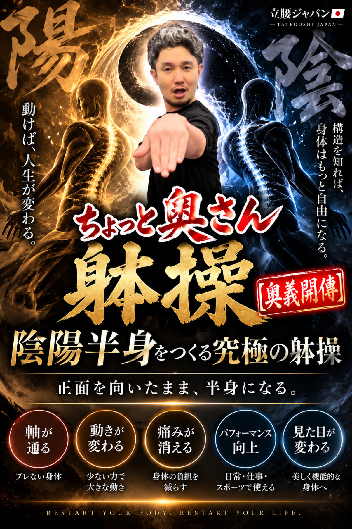 フィジカリストOuJi ちょっと奥さん躰操【奥義開傳】。金と青の陰陽を背景に、手を前へ出すOuJiの講座ポスター